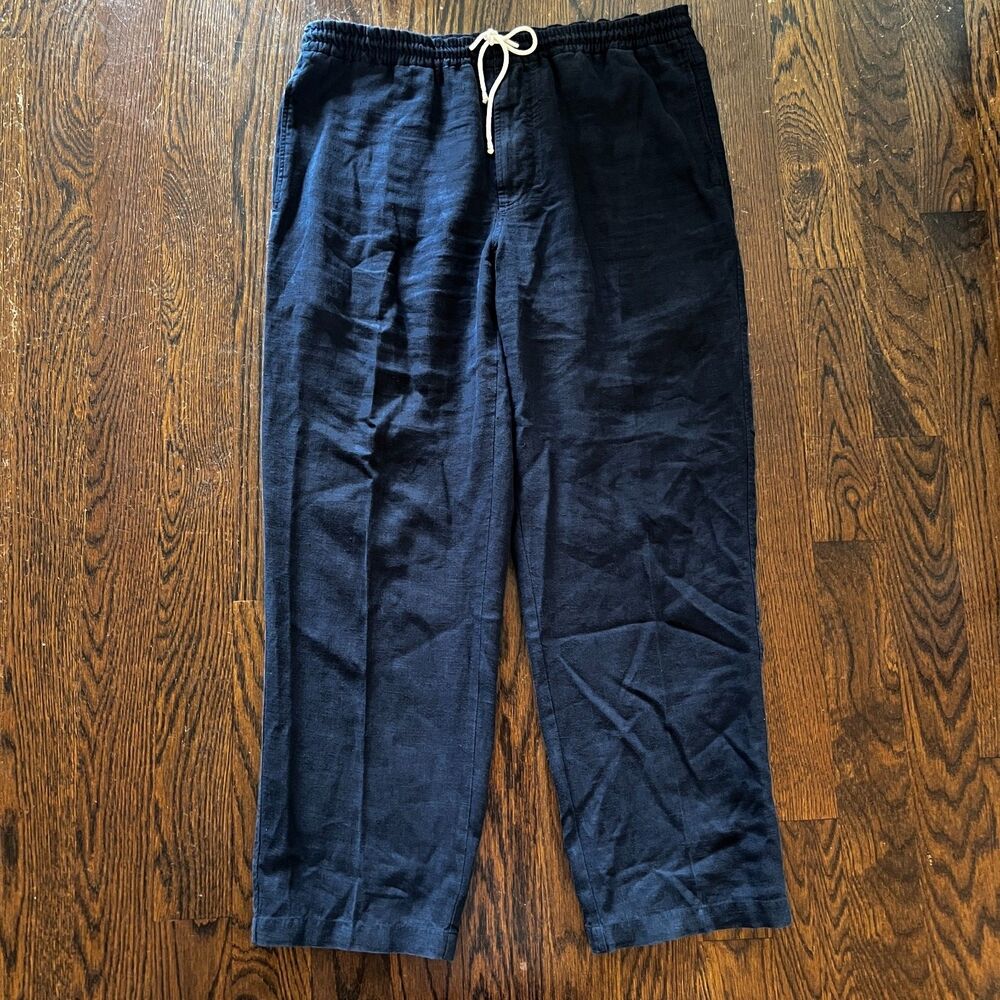Zegna Sport Mens L 100% Linen Pants Navy Blue Drawstring Elastic Waist Relaxed E